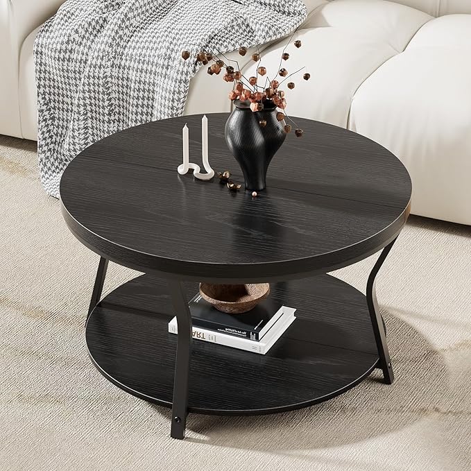 Round Coffee Table, Circle Wood Coffee Tables for Living Room, 2 Tier Industrial Modern Center Table with Thickened Tabletop and Metal Frame, 31.5 inch (Black)