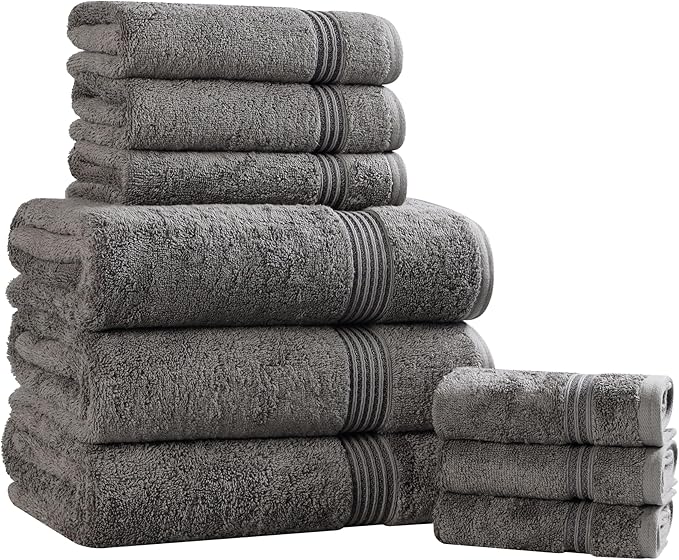 Superior Egyptian Cotton 9-Piece Towel Set, Assorted Towels for Home Bathroom, Master, Guest Bath, Decor Essentials, Includes 3 Bath, 3 Hand, 3 Face Towels/Washcloths, Quick Dry, Absorbent, Charcoal