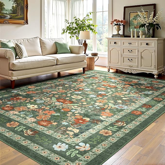 Deerly Green Floral Rug 5x8 Vintage Boho Washable Non-Slip Living Room Carpet Soft Low Pile Thin Bedroom Floor Mat Indoor Home Decor for Dining Room Playroom Nursery Farmhouse, Green/Multi