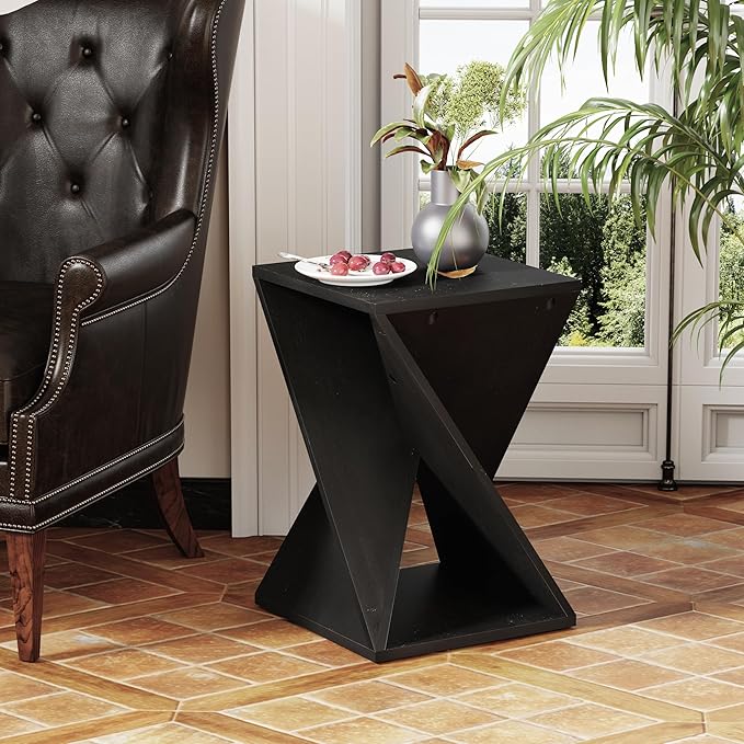 Farmhouse End Table Square Solid Wood Pedestal Side Table Rustic Plant Stand with Twisted Design for Living Room, Bedroom, Office, Black