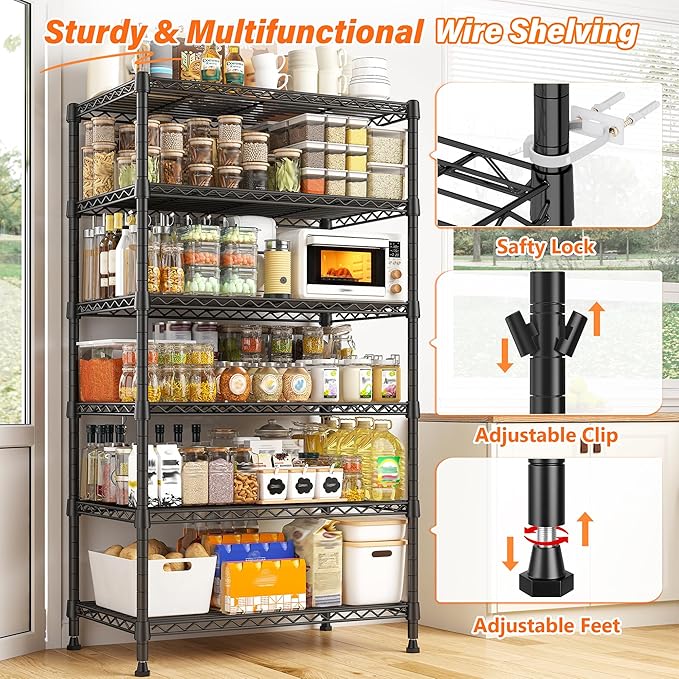 REIBII 6 Tier Shelf Metal Shelving 70"H Storage Shelves Sturdy Wire Rack Shelf Units Adjustable Detachable Storage Shelving Unit for Kitchen Laundry Pantry Garage Commercial 71"H x 21.65"W x 11.8"D
