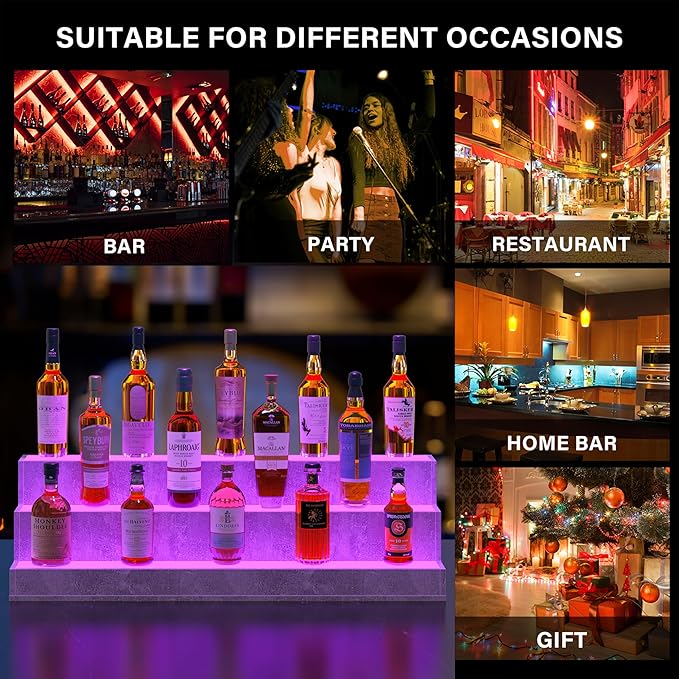 LED Lighted Liquor Bottle Display Shelf, 38 Inch Bar Display Shelf, DIY Illuminated Bottle Shelf with App & Remote Control, 3 Step Freestanding Holding Bottles for Home Bar, Party, Grey