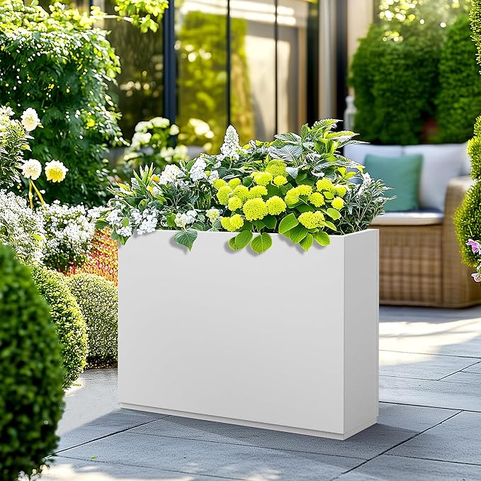 Large Rectangle Planter Metal White Planter Box with a Drainage Hole and a Removable Divider Indoor Outdoor Porch Pots for Tall Plants, Trees, Flowers 35.43" x 9.06" x 25.59" White
