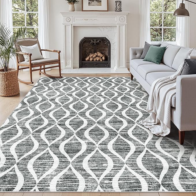 WITSHOCK Boho 8x10 Rugs for Bedroom - Washable Non-Slip Large Thin Indoor Rug for Living Room Dining Room, Soft Modern Geometric Low Pile Print Dark Grey Carpet for Nursery, Kid & Pet Friendly