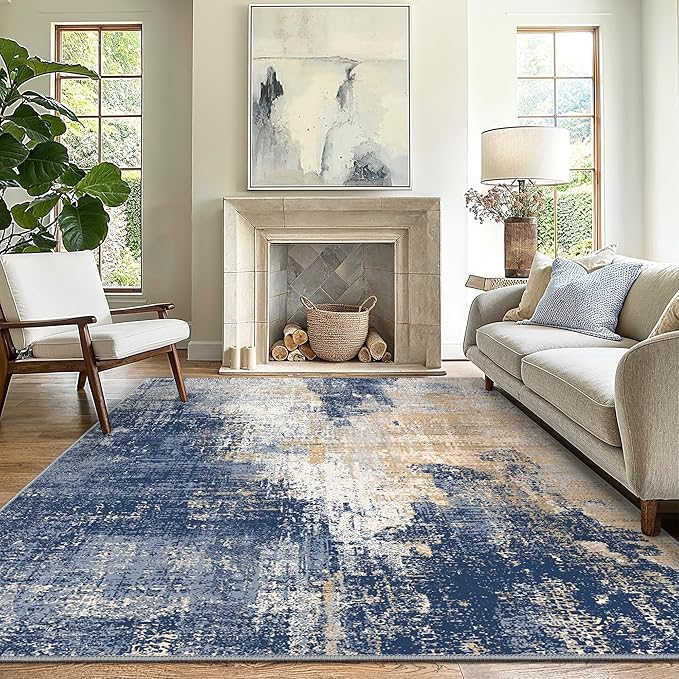 GENIMO Washable Area Rugs for Living Room Bedroom, 8x10 Modern Abstract Non Slip Rug, Low Pile Soft Contemporary Indoor Floor Carpet Cover for Dining Room Kitchen, Navy Blue