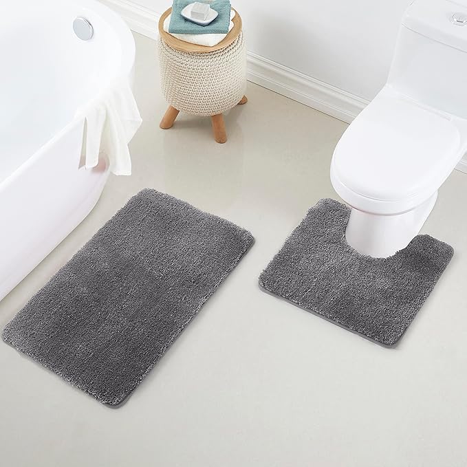 YHF Bathroom Rug Set 2Piece, Thick &Soft Microfiber Shaggy, U Shaped Contour, Machine Washable Bath Mats, Absorbent Bath Rugs, Non-slip Rubber Backing Bath Mat for Bathroom Floor, Tub and Shower, Grey