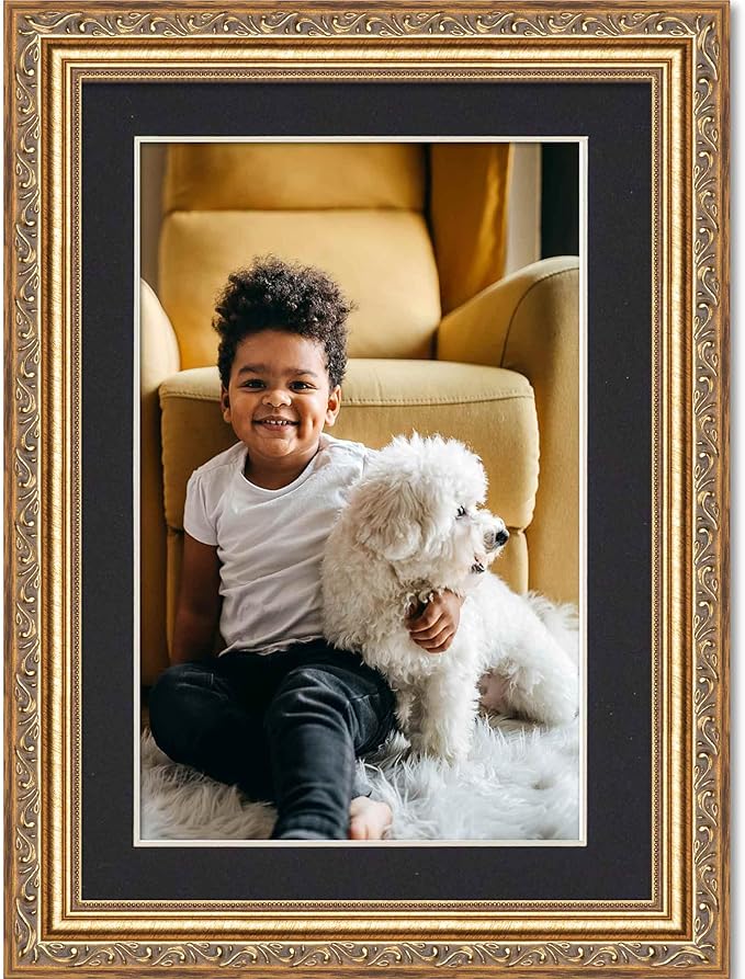 12x15 Frame with Mat - Antique Gold 14x17 Frame Wood Made to Display Print or Poster Measuring 12 x 15 Inches with Black Photo Mat