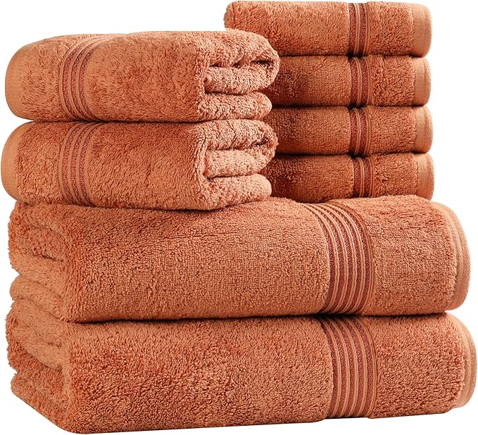 Superior Egyptian Cotton 8-Piece Towel Set, Assorted Towels for Home Bathroom, Master Bath, Decor Essentials, Includes 2 Bath, 2 Hand, 4 Face Towels/Washcloths, Quick Dry, Absorbent, Caramel Brown