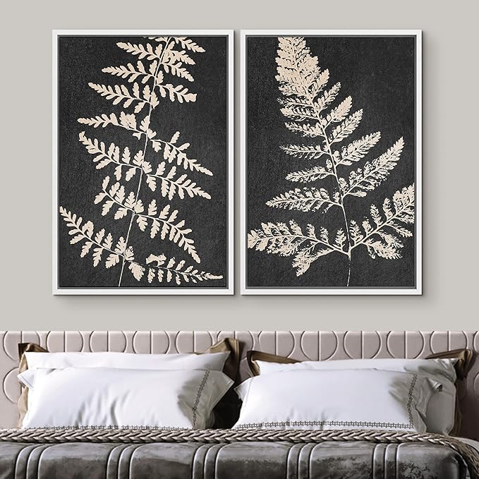 SIGNWIN Canvas Print Wall Art Set Black Tan Forest Fern Plant Leaf Silhouette Nature Wilderness Illustrations Modern Art Rustic Multicolor for Living Room, Bedroom, Office - 24"x36"x2 White