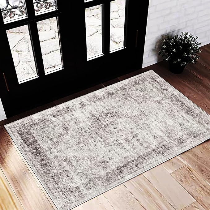 Washable Area Rug 2'x3' Door Mat Vintage Floral red Distressed Doormat Indoor Entrance Traditional Thin Rug Floral Print Non Slip Carpet for Kitchen Bathroom Bedroom Living Room