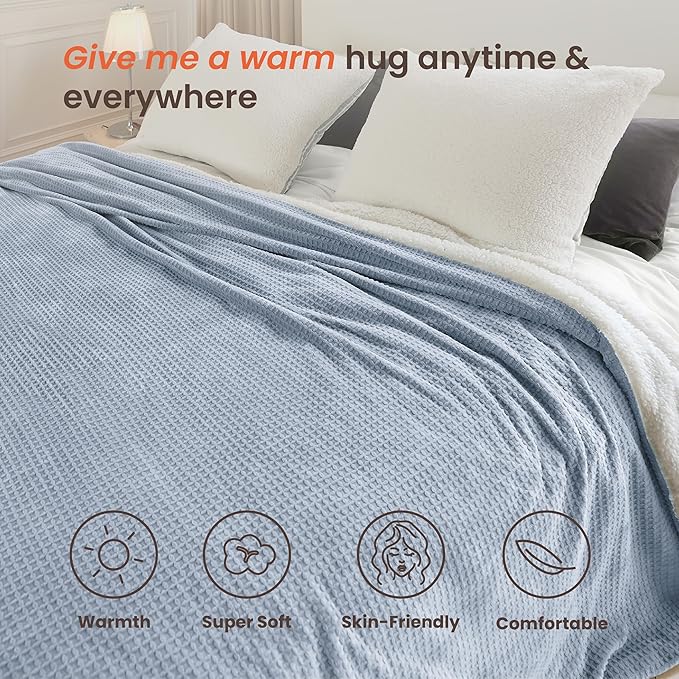 Heated Blanket Electric Blanket King Waffle, 90x100 Inches Dual Controllers Sherpa Fleece Fast Heating Blanket 6 Heating Levels & 10 Hours Auto Off ETL Certification, Haze Blue King