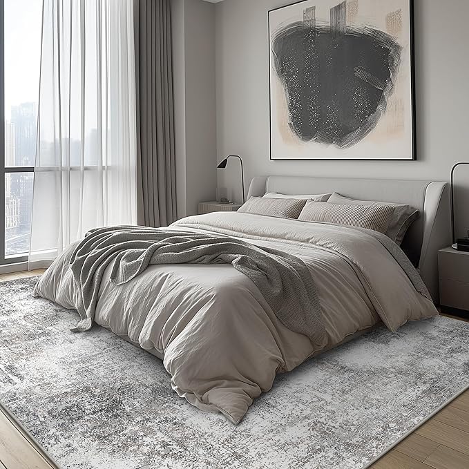 GENIMO Washable Area Rugs for Living Room Bedroom, 10x12 Modern Abstract Non Slip Rug, Low Pile Soft Contemporary Indoor Floor Carpet Cover for Dining Room Kitchen, Grey