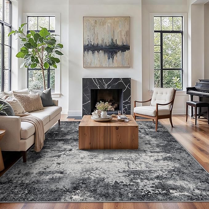 GENIMO 8x10 Washable Area Rugs for Living Room Bedroom, Modern Abstract Low Pile Soft Non Slip Rug, Contemporary Indoor Floor Carpet Cover for Dining Room Kitchen, Ink Wash Grey