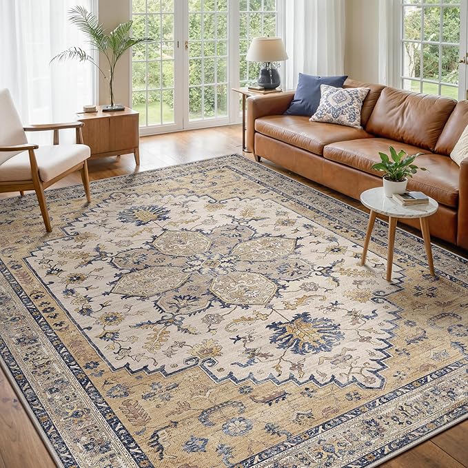 GENIMO 8X10 Area Rugs for Living Room, Machine Washable Vintage Floor Cover Foldable Modern Non Slip Rug， Low Pile Soft Indoor Carpet Floral Print Mat Rug,Bedroom/Dining Room/Home Office,Beige