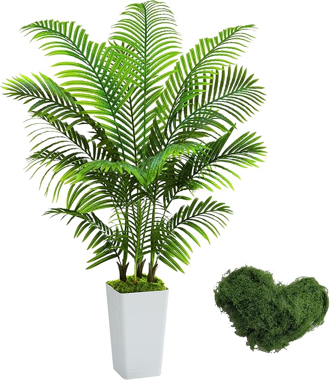 Artificial Palm Tree Artificial Silk Plant Fake Tree with White Tall Planter Faux Tropical Areca Floor Plant in Pot (1, White Tall Planter, 5 FT)