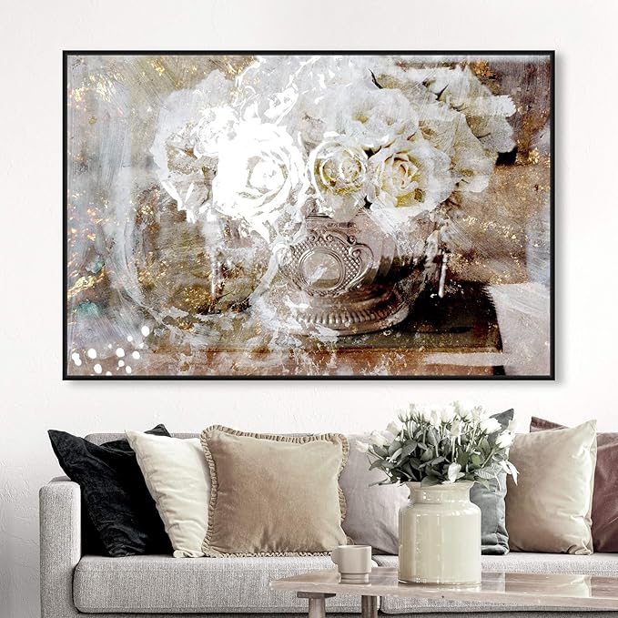 Floral and Botanical Framed Wall Art Canvas Prints 'Serving Roses' Florals, White/Gold, 45" x 30"