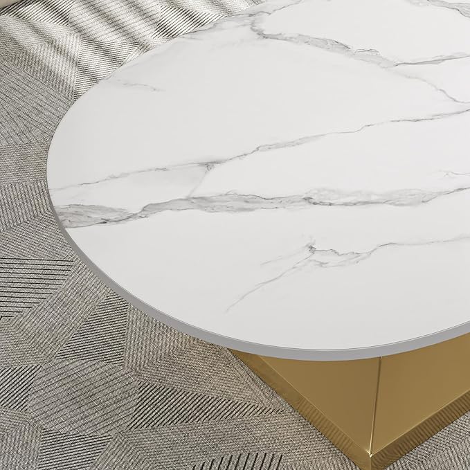 Modern Oval Sintered Stone Coffee Table, 51.2" White and Gold Rectangle Coffee Table with Faux Marble Top & Golden Geometric Stainless Steel Base, Rectangle Tea Center Table for Living Room