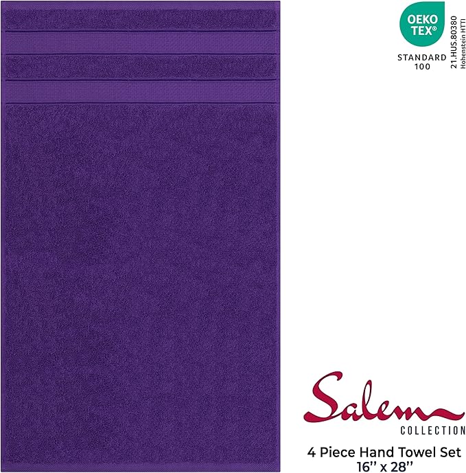 American Soft Linen Salem 100% Cotton Turkish 4 Piece Hand Towels for Bathroom, 600 GSM Soft Absorbent Quickdry Hand Face Towel Set, Purple