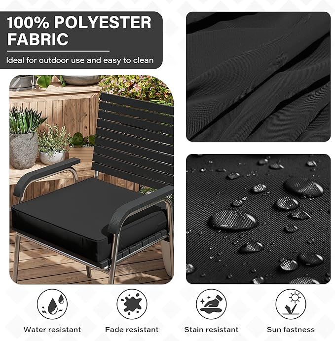 Patio Chair Cushions 18.5 X 16 X 4 Inch Waterproof Outdoor Seat Cushions for Patio Furniture, Outdoor Sofa Couch Pads with Ties & Handle, Set of 2, Black