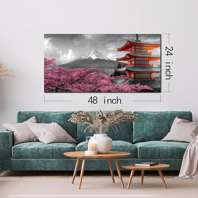 Mount Fuji Wall Art for Living Room Japanese Wall Decor for Bedroom Cherry Blossom Canvas Wall Art for Dining Room Size 24 x 48 Inch