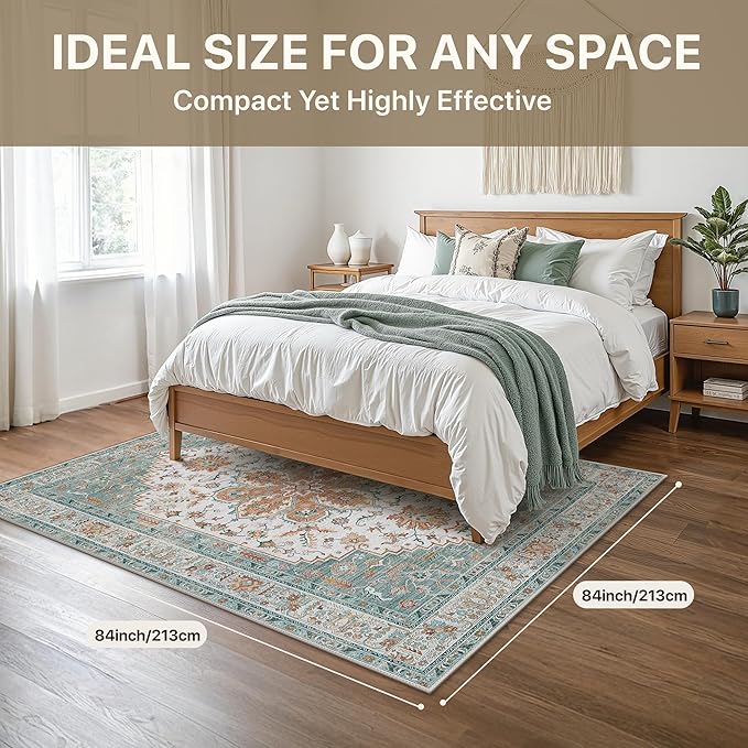 GENIMO 5X7 Area Rugs for Living Room, Machine Washable Vintage Floor Cover Foldable Modern Non Slip Rug, Low Pile Soft Indoor Carpet Floral Print Mat Rug,Bedroom/Dining Room/Home Office, Mint Green