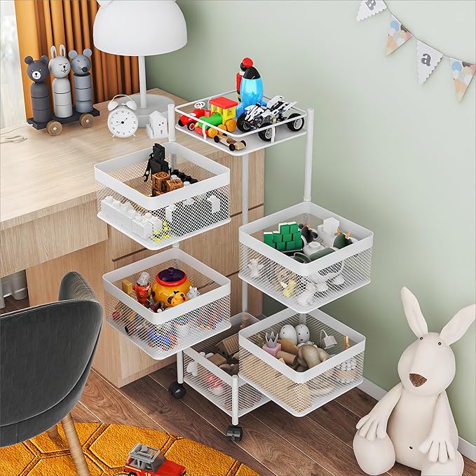 Fruit Basket for Kitchen No Assembly,Rotating Kitchen Storage Rack,Bathroom Shelf, Organizers and Storage Cart on Rolling Wheels，Potato and Onion Storage Organizer(White, 5 Tier-Square)