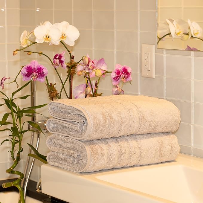 Mosobam Luxury Turkish 10pc XL Deluxe Bath Bundle Body Hand Face Towel and Mat Light Grey (Gray) 700 GSM & 1000 GSM Bamboo Viscose & Aegean Turkish Combed Cotton
