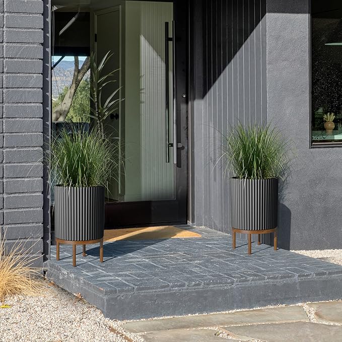 Veradek Demi Series Round Planter w/ Stand for Porch/Patio | Durable Plastic-Concrete & Wooden Stand | Modern Décor for Tall Plants, Flowers