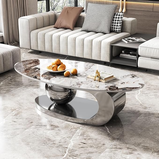 Modern Oval Marble Coffee Table, 51.2" Rectangle Coffee Table with Sintered Stone Top & Gray Geometric Stainless Steel Base, Rectangle Tea Center Tables for Living Room