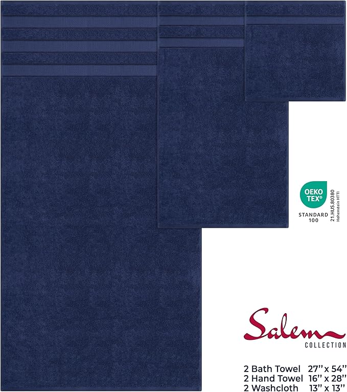 American Soft Linen Salem Turkish Bath Towel Set, 100% Cotton 600 GSM 6 Piece Towels for Bathroom, 2 Bath Towels 2 Hand Towels 2 Washcloths, Navy Blue