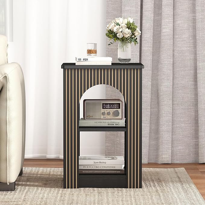 End Table with 3-Tier Storage, Mid-Century Modern Side Table with Arched Carving Lines, Square Fluted Nightstand Accent Table for Living Room, Bedroom, or Office (1, Black)
