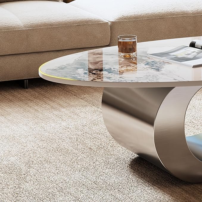 49.2" Oval Marble Coffee Table with Geometric Stainless Steel Base, Modern Sintered Stone Coffee Tables for Living Room, Luxury White Silver Cocktail Center Table Living Room Furniture for Home Decor