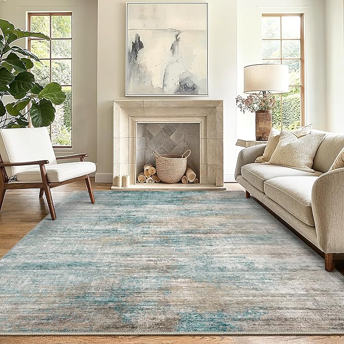 GENIMO Washable Area Rugs for Living Room Bedroom, 8X10 Modern Abstract Non Slip Rug, Low Pile Soft Contemporary Indoor Floor Carpet Cover for Dinning Room Kitchen, Teal/Grey