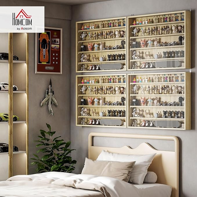 HOMCOM 5-Tier Display Cabinet, Glass Door Cabinet with Adjustable Shelves, Wall-Mounted Display Case for Playroom, Bedroom, Oak