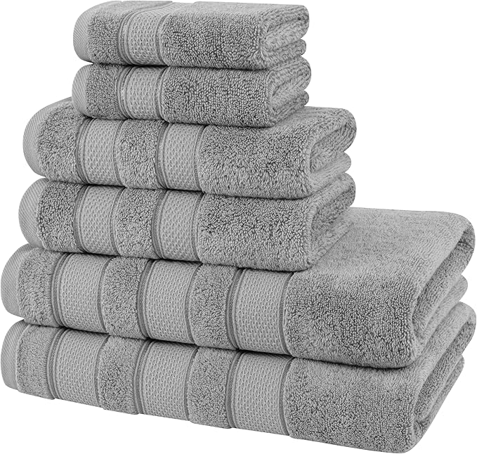 American Soft Linen Salem Turkish Bath Towel Set, 100% Cotton 600 GSM 6 Piece Towels for Bathroom, 2 Bath Towels 2 Hand Towels 2 Washcloths, Light Grey