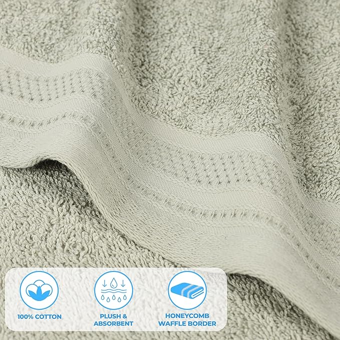 Superior Honeycomb Cotton Medium Weight Towels, for Guest Bath, Master Bathroom, Shower, Quick Dry, Adults, Home Essentials, Textured Waffle Border, Assorted Towel Set, 3 Piece Towel Set, Sage