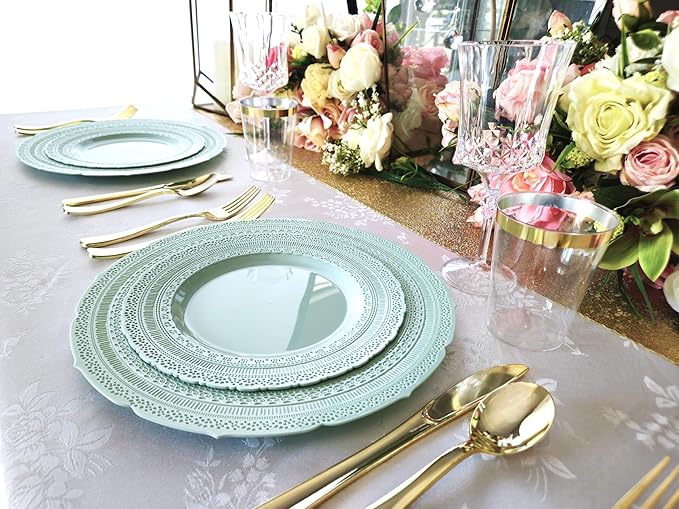 " OCCASIONS " 50 Plates Pack (25 Guests)-Extra Heavyweight Vintage Wedding Disposable/Reusable Plastic Plates -25x11'' Dinner + 25x8.25'' Salad/dessert (Chateau Mint)