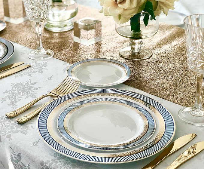 " OCCASIONS " 240 Plates Pack,(120 Guests) Heavyweight Premium Disposable Plastic Plates Set -120 x 10.5'' Dinner + 120 x 7.5'' Salad/Dessert (Louvre Blue/Gold)
