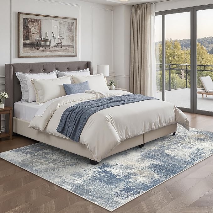 GENIMO 8x10 Washable Area Rugs for Living Room Bedroom, Modern Abstract Low Pile Soft Non Slip Rug, Contemporary Indoor Floor Carpet Cover for Dining Room Kitchen, Sky Blue