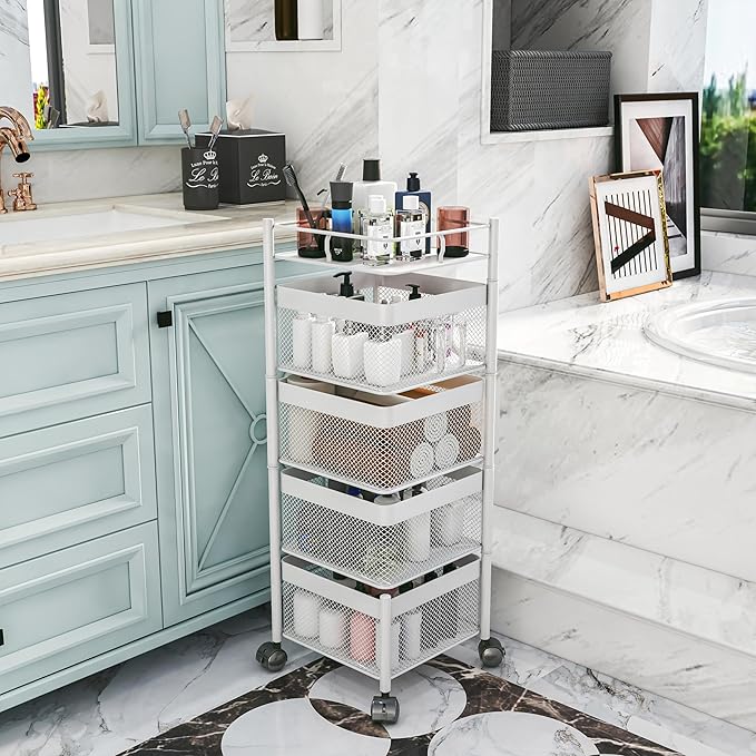 Rotating Kitchen Storage Rack,Fruit and Vegetable Basket Cart,Bathroom Shelf,Kitchen Organization and Storage Rack,Rolling Carts on Wheels(White, 4 Tier-Square)