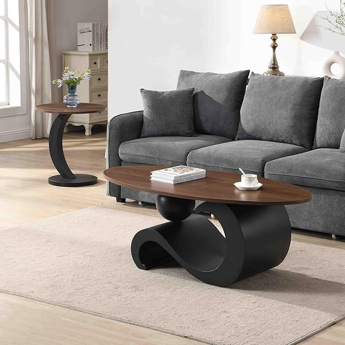 Marble Nesting Coffee Table Set of 2,Modern Oval Center Tea Table and Round Side Nightstand Set w/Wood Tabletop and Metal Frame for Living Room Accent Furniture