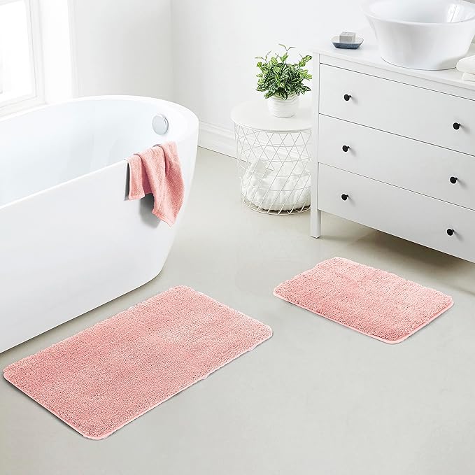 YHF Bathroom Rug Set 2 Piece, Extra Thick & Soft Microfiber Shaggy, Machine Washable Bath Mats, Absorbent Bath Rugs, Non-Slip Rubber Backing Bath Mat for Bathroom Floor, Tub and Shower, Pink
