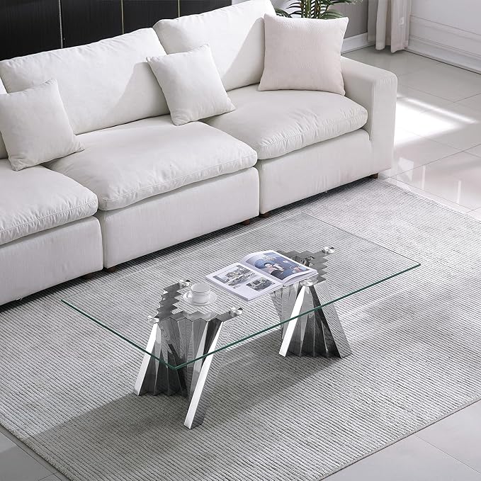 Glass 3 Piece Living Room Table Sets,3-Piece Table Set Includes 1 Glass Coffee Table and 2 End Tables with Stainless Steel Frame,Modern Coffee Table Set of 3 for Living Room (Silver)