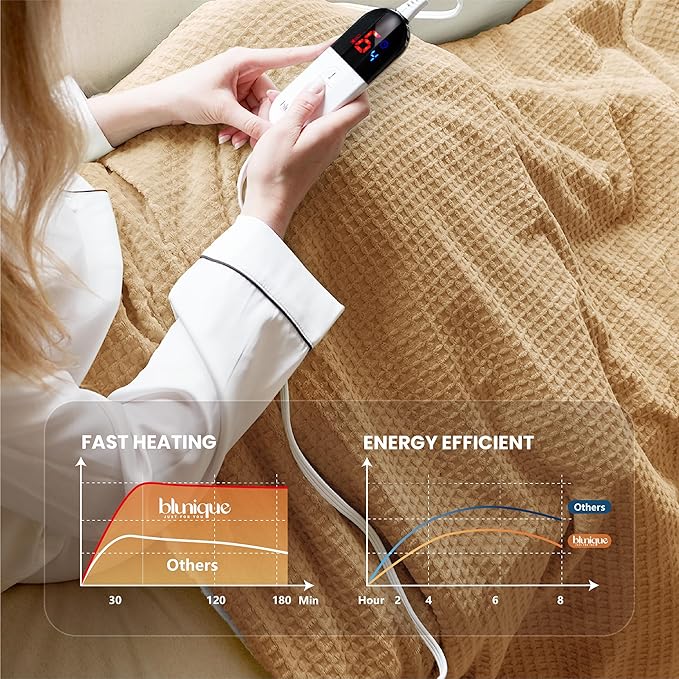 Heated Blanket Electric Throw Waffle, 50x60 Inches Sherpa Fleece Fast Heating Blanket 6 Heating Levels & 4 Hours Auto Off ETL Certification, Apricot Orange Throw