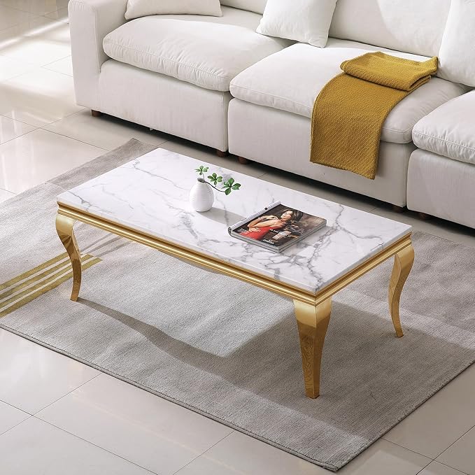 SSLine Rectangular Faux Marble Coffee Table for Living Room Modern Luxury White Marble Center Table with Gold Curved Legs 46.8" Mid-Century Cocktail Table with Mirrored Stainless Steel Frame