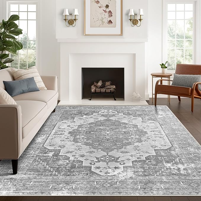 vivorug 5x7 Area Rugs, Stain Resistant Washable Rug for Living Room, Vintage-Inspired Grey Floral Rug