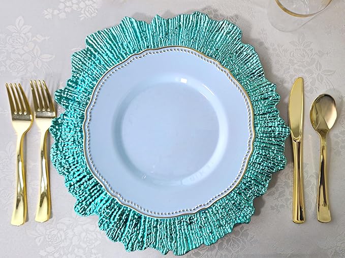 " OCCASIONS " 50 Plates Pack (25 Guests)-Heavyweight Wedding Party Disposable Plastic Plate Set -25 x 10.25'' Dinner + 25 x 7.5'' Salad/dessert plates (Rochelle Blue and Gold)