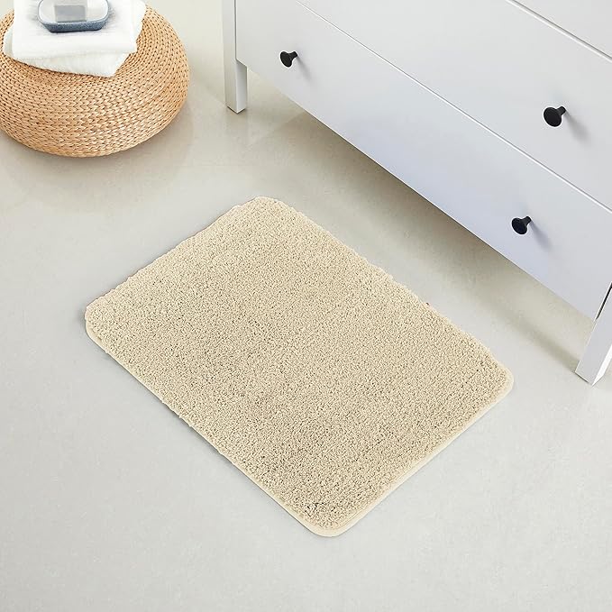 YHF Bathroom Rugs 17" X 24", Extra Thick & Soft Microfiber Shaggy, Machine Washable Bath Mats, Absorbent Bath Rugs, Non-Slip Rubber Backing Bath Mat for Bathroom Floor, Tub and Shower, Beige