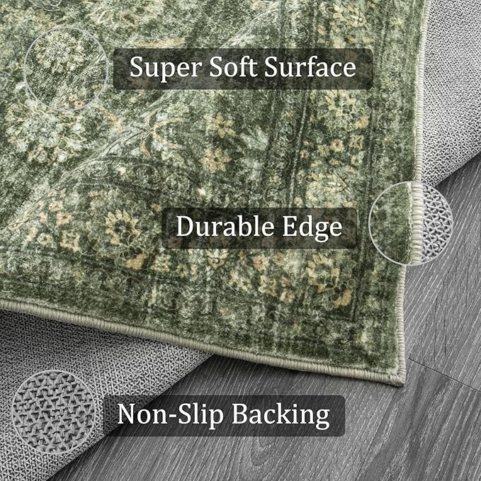Morebes Vintage Washable Kitchen Rugs Non Slip,2x6 Runners for Hallways,Floral Boho Bathroom Runner Rug,Non Shedding Soft Throw Carpet for Laundry Floor Indoor, Grayish Green