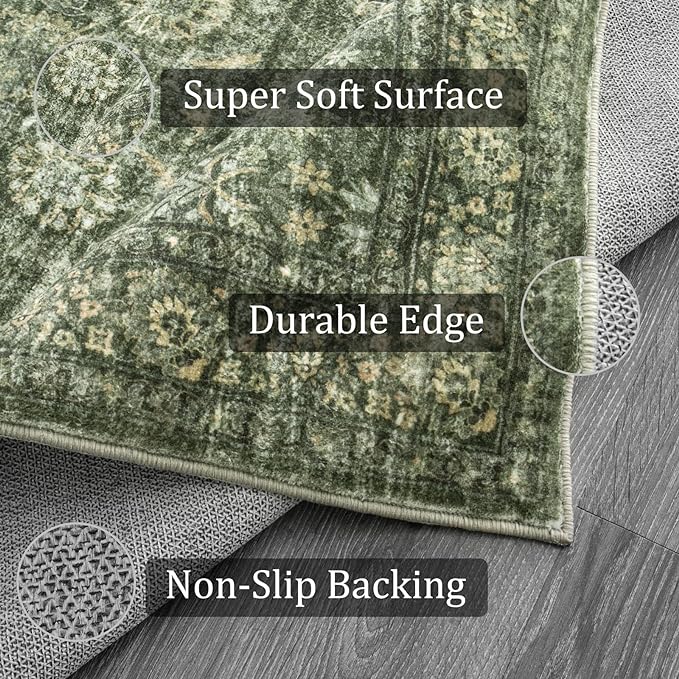 Morebes Vintage Living Room Rugs 6x9,Washable Green Area Rug Non Slip,Distressed Soft Floral Dorm Rug Boho Mat,Large Indoor Accent Floor Carpet for Nursery Kitchen Coffee Table Dining